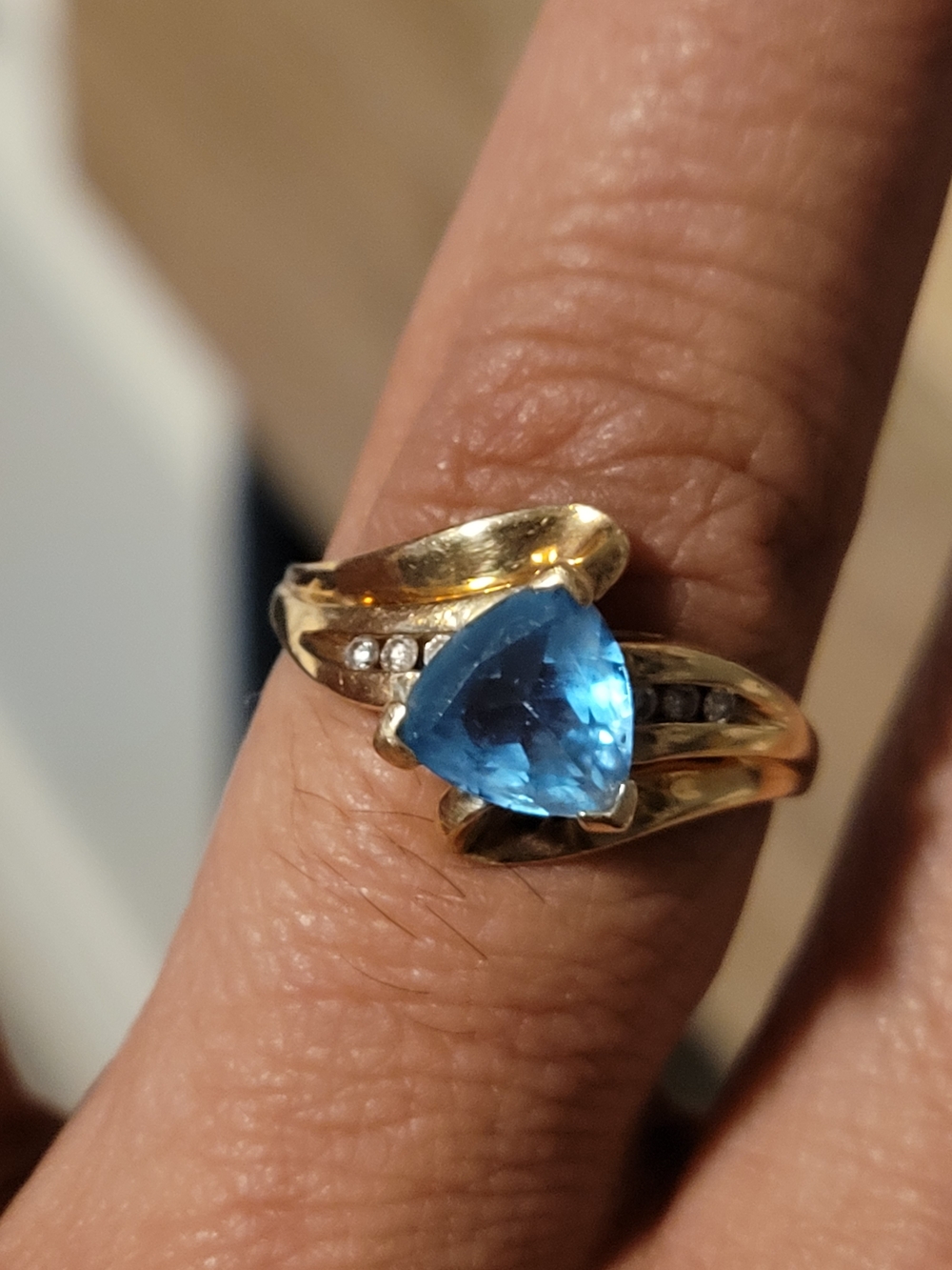 Gold Ring Trillion Blue Gemstone and Accent Diamonds 10k Blue Spinel Cocktail